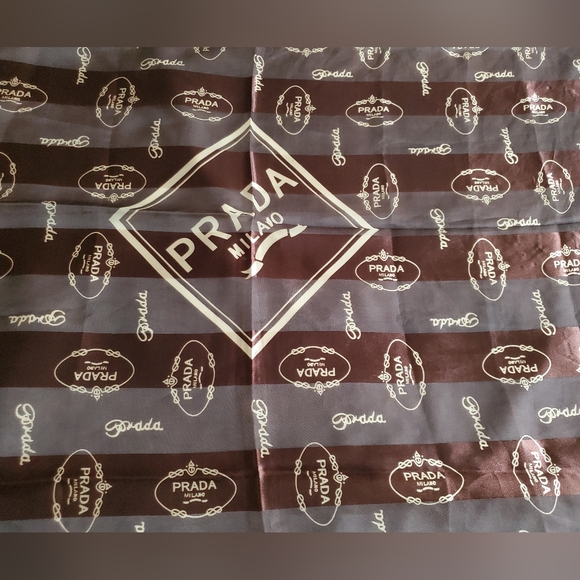 Vintage Prada Milano Logo Stripled Brown & Gold Silk Chiffon Scarf - Picture 2 of 6